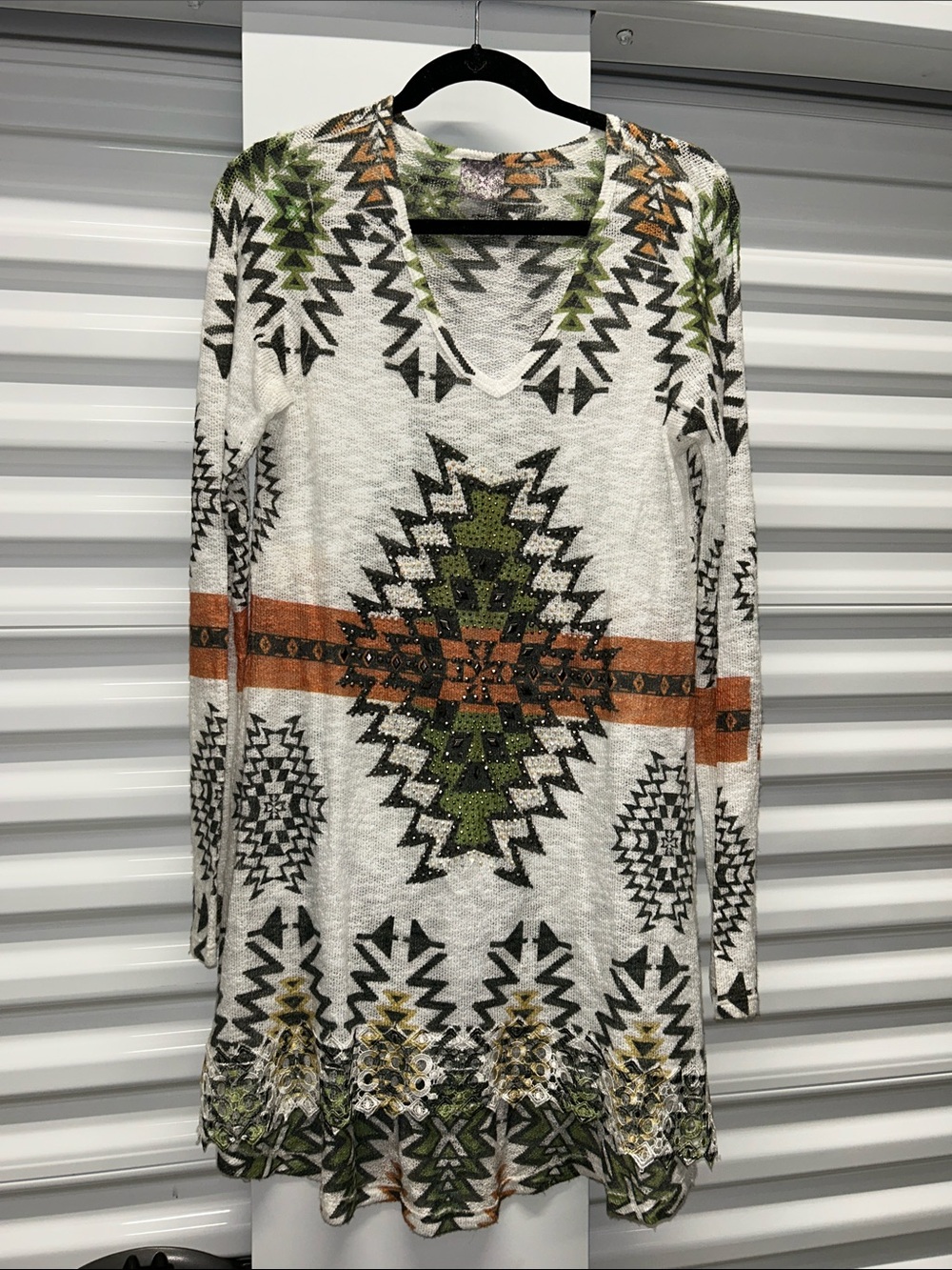 Vocal White Tunic with Green & Rust Aztec Print